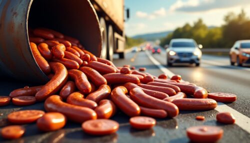 complete chaos op de snelweg wanneer duizenden worsten van een vrachtwagen vallen en het wegdek veranderen in een gevaarlijke, glibberige val. lees meer over dit bizarre incident!